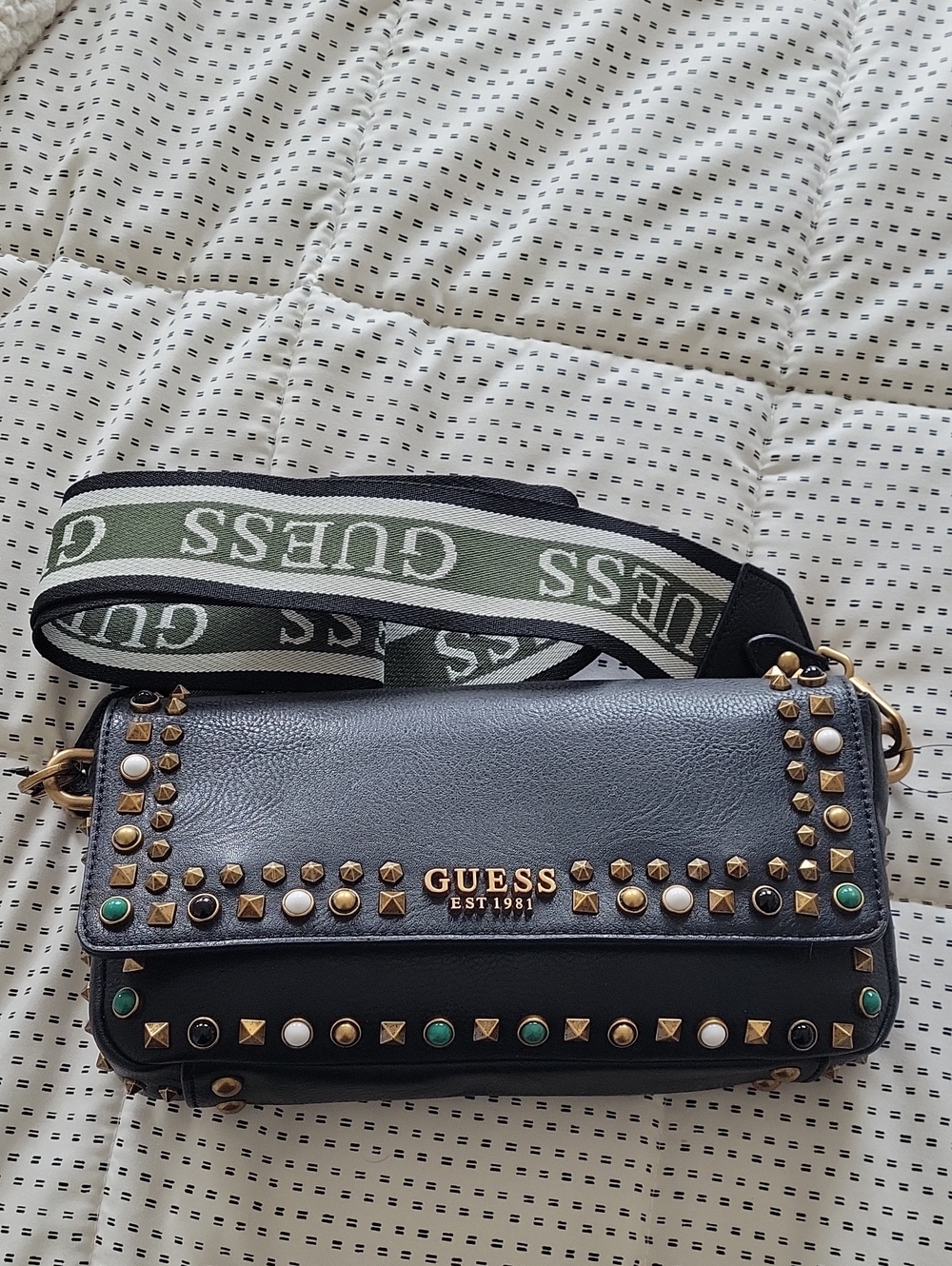 Guess Black Studded Crossbody with Green Accent Strap